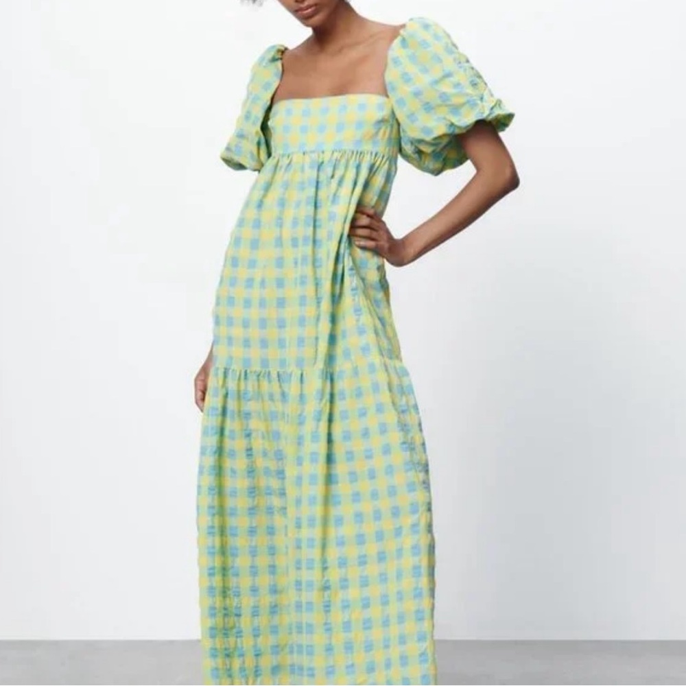 Zara Yellow and Blue Plaid Maxi Dress